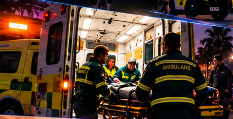 Ambulanspersonal lastar en patient på bår in i en ambulans