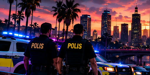 Två poliser framför polisbilar i stadens kvällsljus